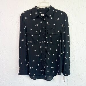 Bar III Black Star Print Sheer Button Down Top Size Large NWT Whimsigoth Work